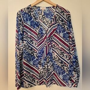 Laundry By Shelli Segal Blue and Red Floral Striped Blouse